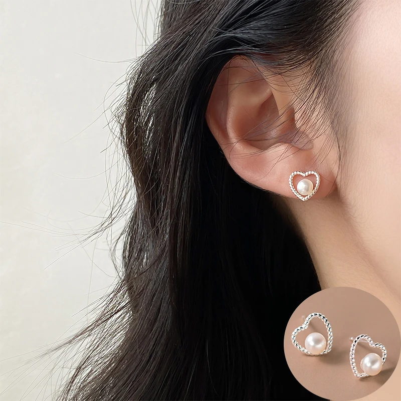 100% 925 Sterling Silver Pearl Geometric Studs Earring for Women Girl Love Heart Hollow Out Jewelry Party Gift Dropshipping