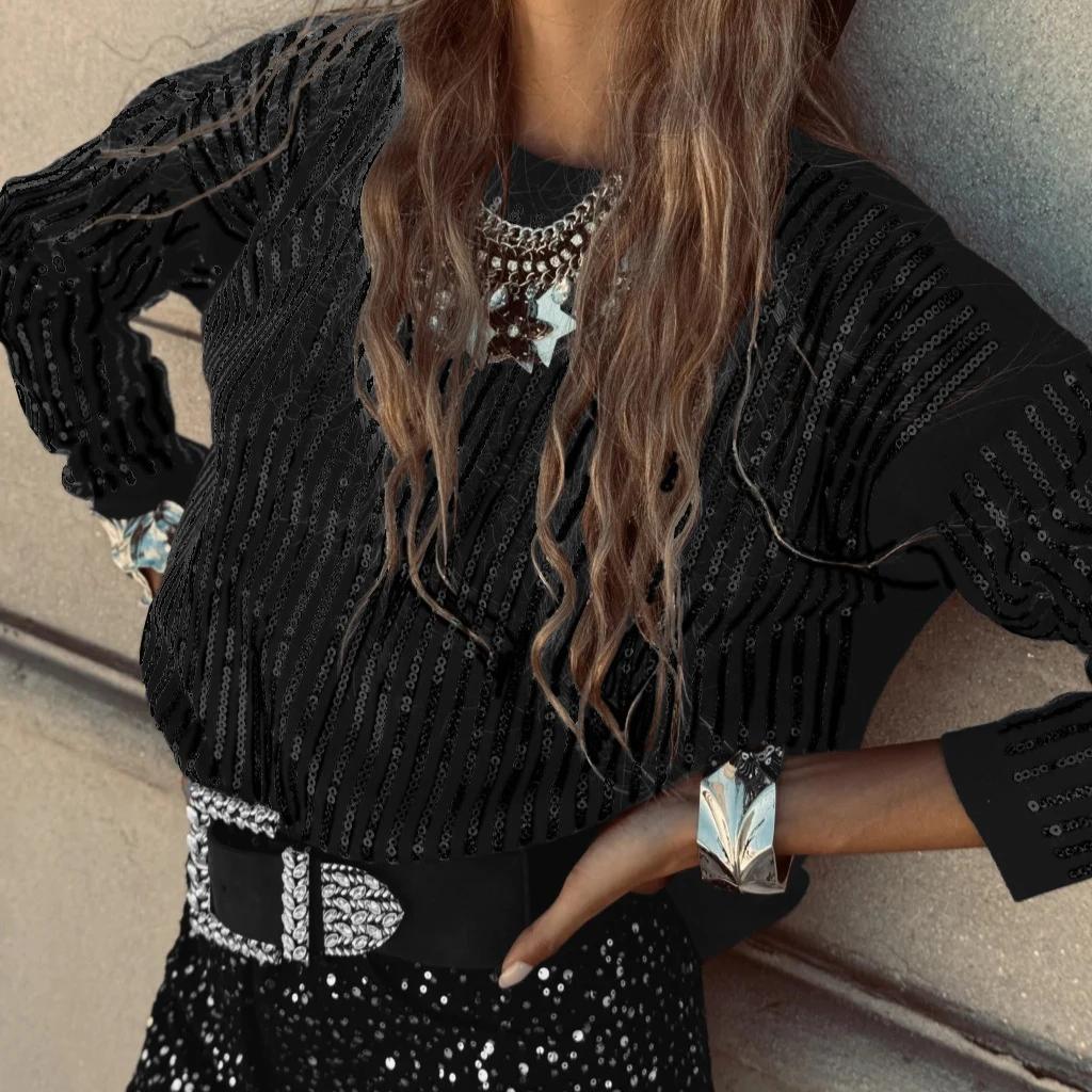 

Women T Shirts Tees Sequin Mid Length Tops Color Blocked Round Neck Long Sleeves Slight Stretch Loose Fit Casual 2025 Autumn