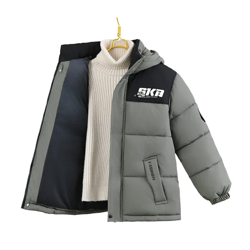 New Boys' Winter Down Cotton Jacket Thickened Middle and Children's Clothing Fashionable and Handsome Hooded Jacket