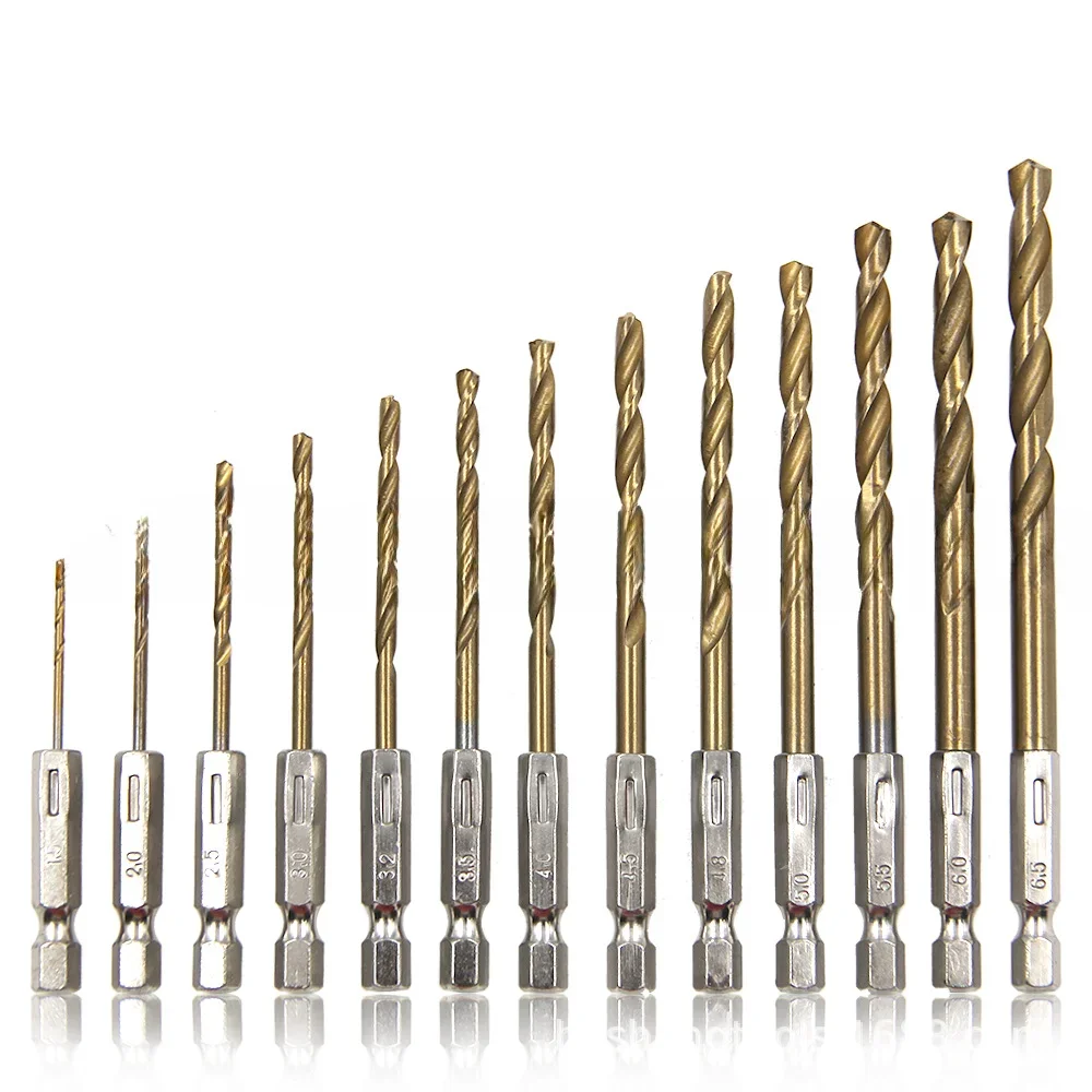 Hexagonal Handle 13pc Titanium Plated Fried Dough Twists Drill 1.5-6.5mm Electric Drill Screwdriver Drilling Reaming Drill Tool