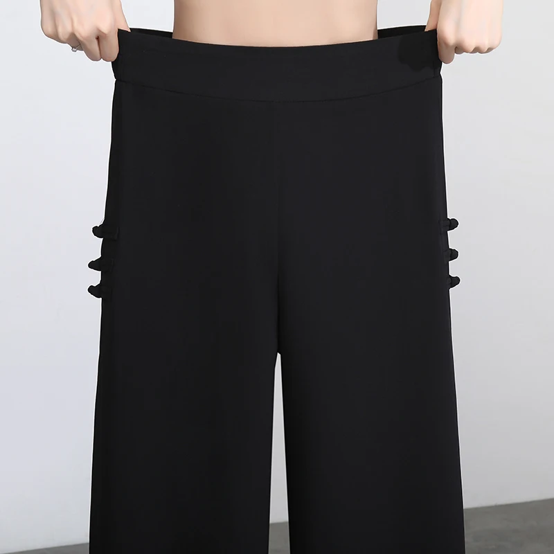 Women Side Slit Chiffon Pants Summer Thin Elastic Waist Wide Leg Pants Chic Droop Trousers Chinese Style Nine Point Pants