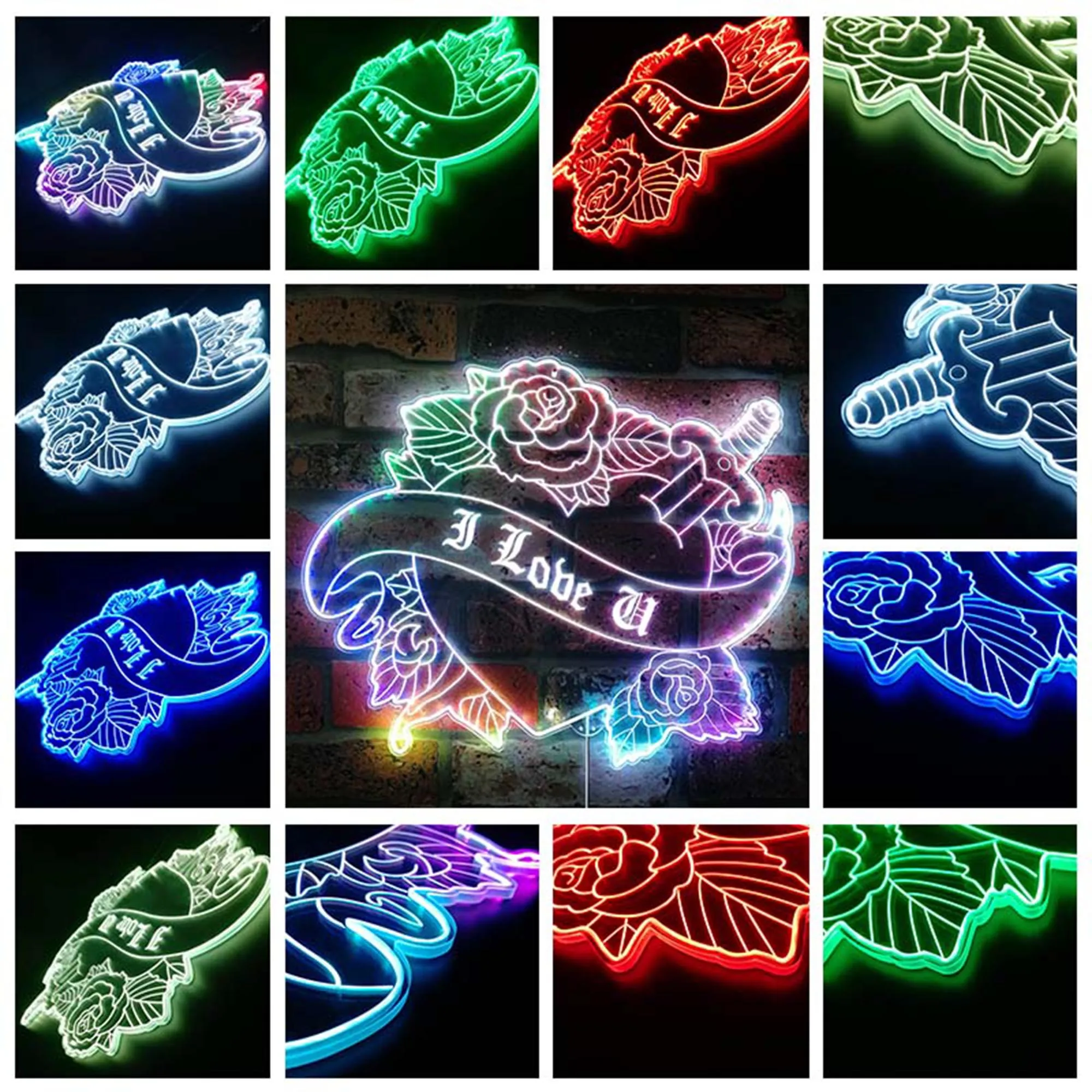 Rose and Knife I Love u Tattoo Glam Led Neon Sign st06-fnd-i0011-c