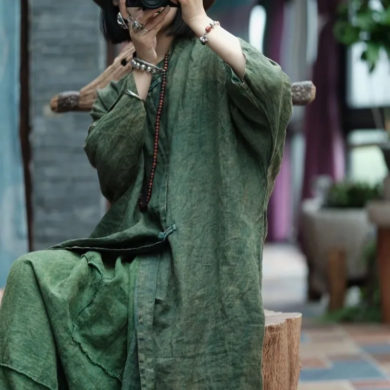 中国風のルーズグリーンコットンリネンドレス女性春の新文学カエルボタン通気性ソフトドレスミディ Vestidos