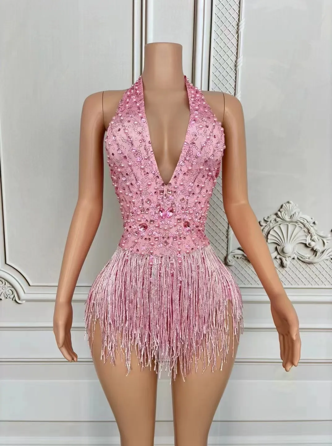 

European and American Sexy Deep V Pink Tassel Jumpsuit Gogo Female Singer Stage Collar Dance Costume Car Show Model Performance