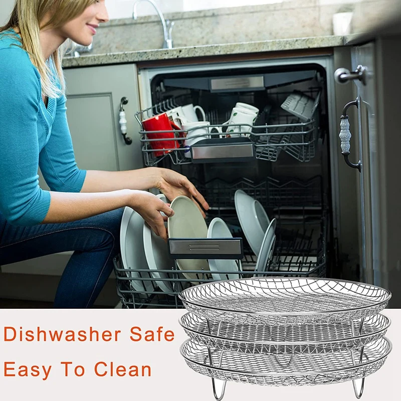●8-Inch 3-Layers Air Fryer Rack Stackable Grid Grilling Rack Stainless Steel Round Rack for Home Kitchen Oven Cooker-ROWI