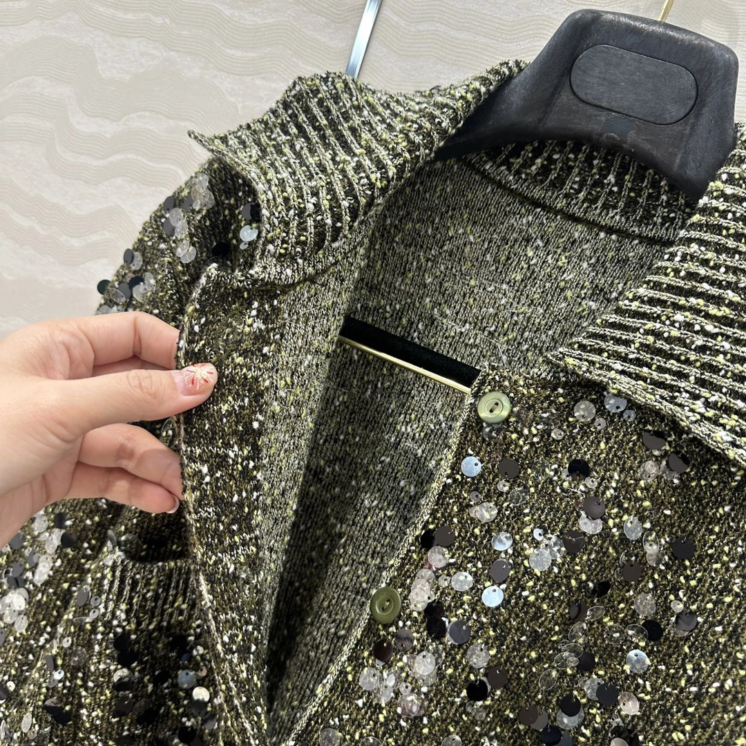 New luxury sequin embroidered knitted cardigan women\'s spring clothing elegant lapel single breasted long sleeved sweater coat