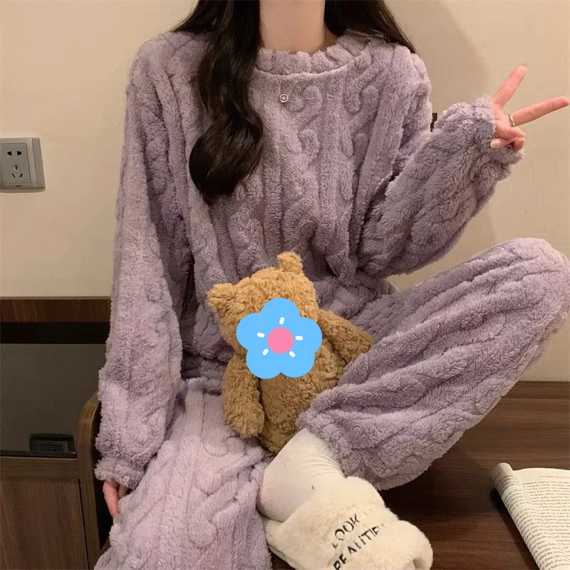 Pijamas gruesos para mujer, ropa de dormir dulce de lana coral para mantener el calor, pijama bonito de manga larga con cuello redondo, conjunto de dos piezas para otoño e invierno