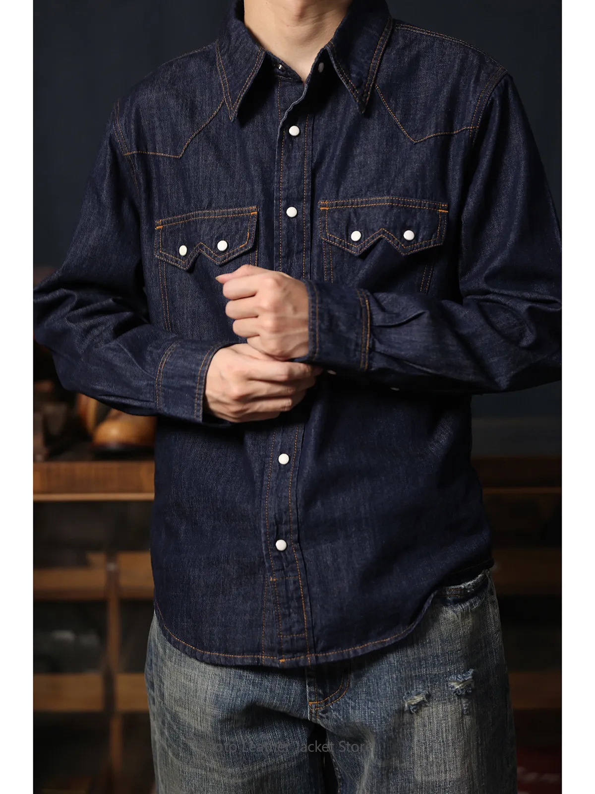 American Retro Western Denim Shirt Raw Denim Washed Casual Pearl Snap Button Western Shirt