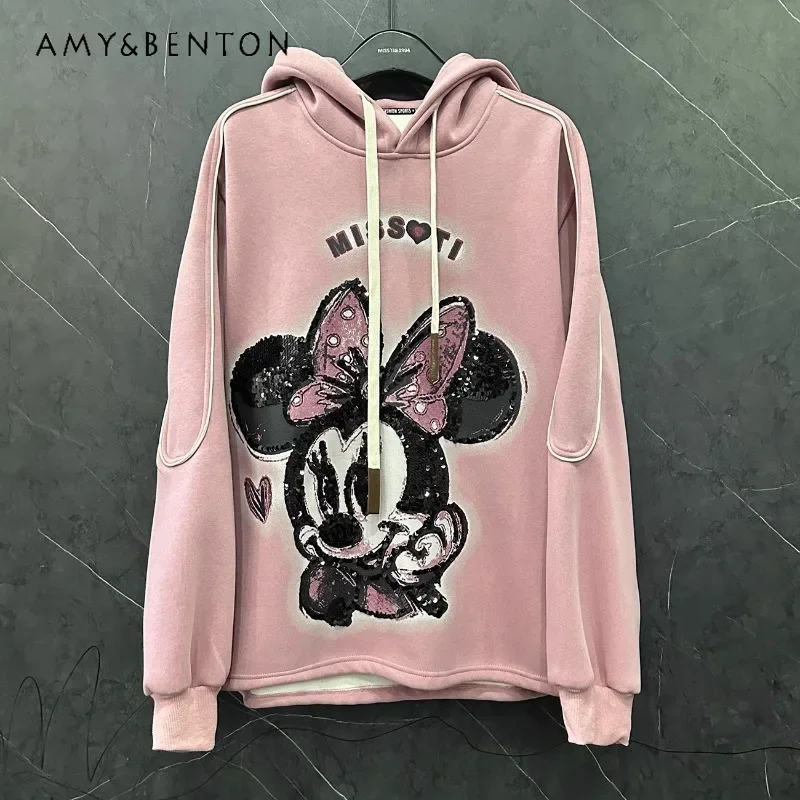 

Autumn Winter New Heavy Industry Cartoon Fleece Hooded Sweatshirt Women's Loose Sweet Age-reducing Y2k Top Pink Hoodies Female