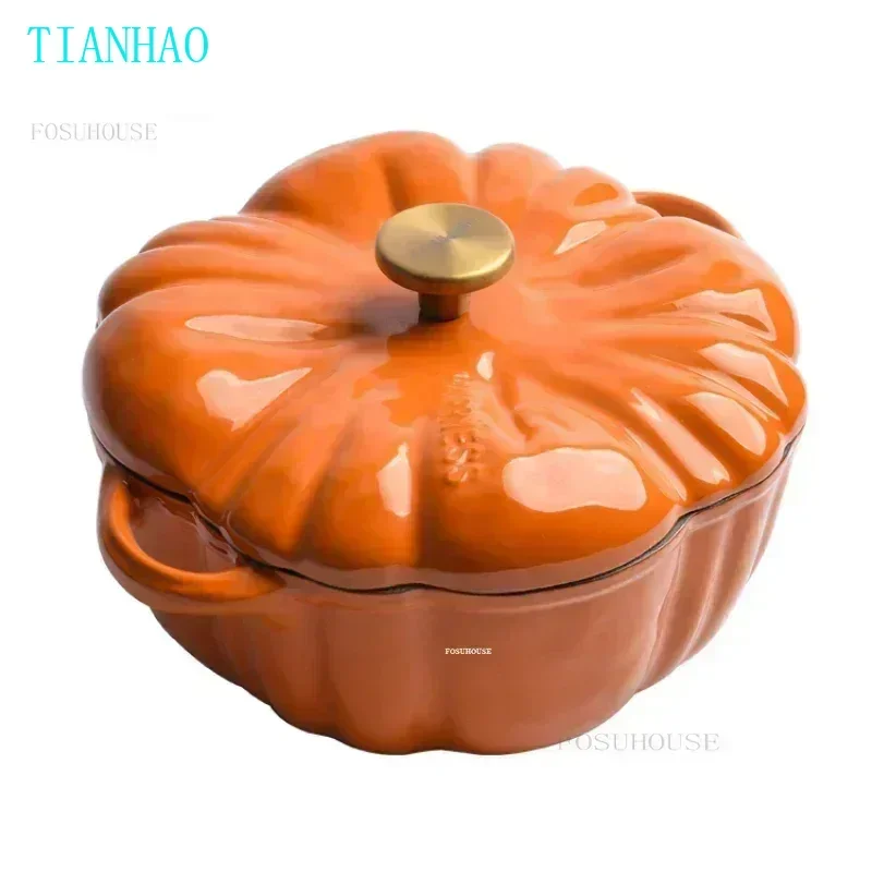 Pumpkin Enamel Pot Cast Iron Cookware Enamel Soup Pot Multifunctional Dutch Ovens Coating Non Stick Casserole Pot with Lid q