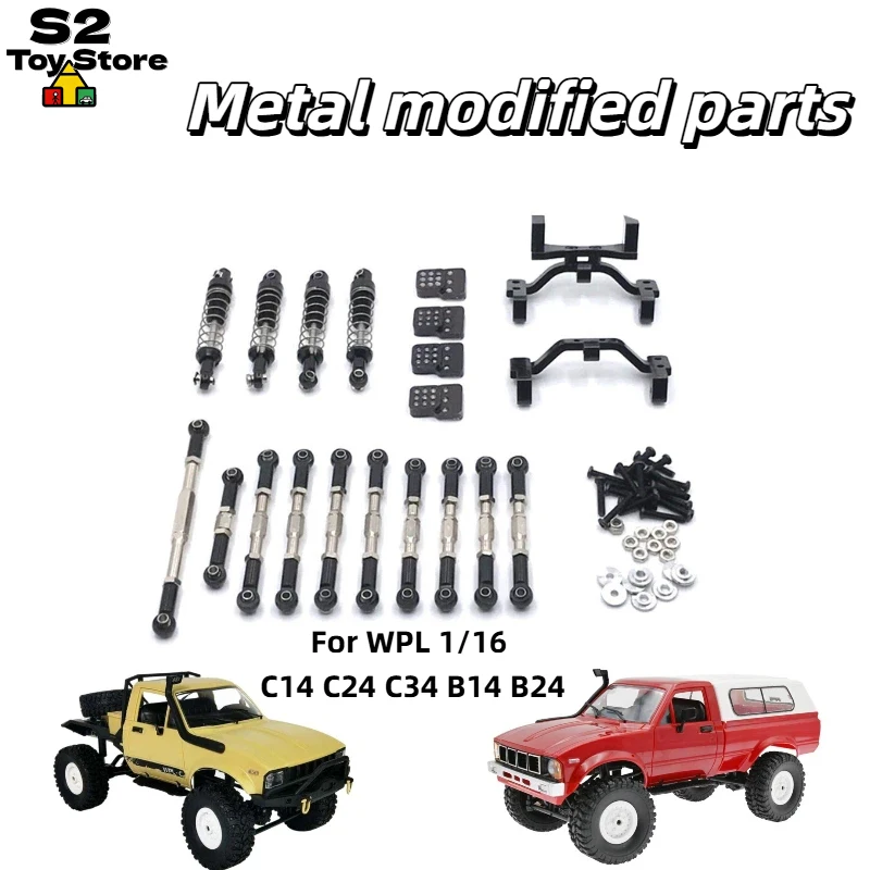 WPL 1/16 RC Car Metal Upgrade Kit Shock Absorbers Link Rods Mount Brackets For C14 C24 C34 B14 B24 RC Crawler Spare Accessories
