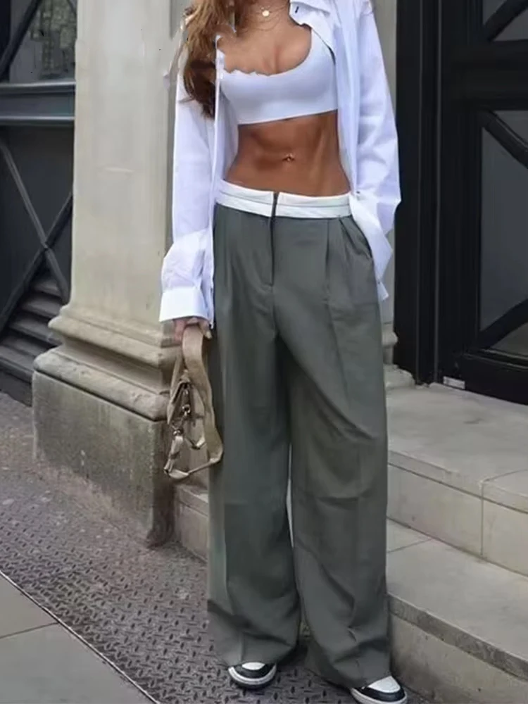 HH Women\'s Casual Loose Straight Pants Solid Elegant Side Pockets High Waist Zipper Fly Trousers 2023 Chic Streetwear Mujer