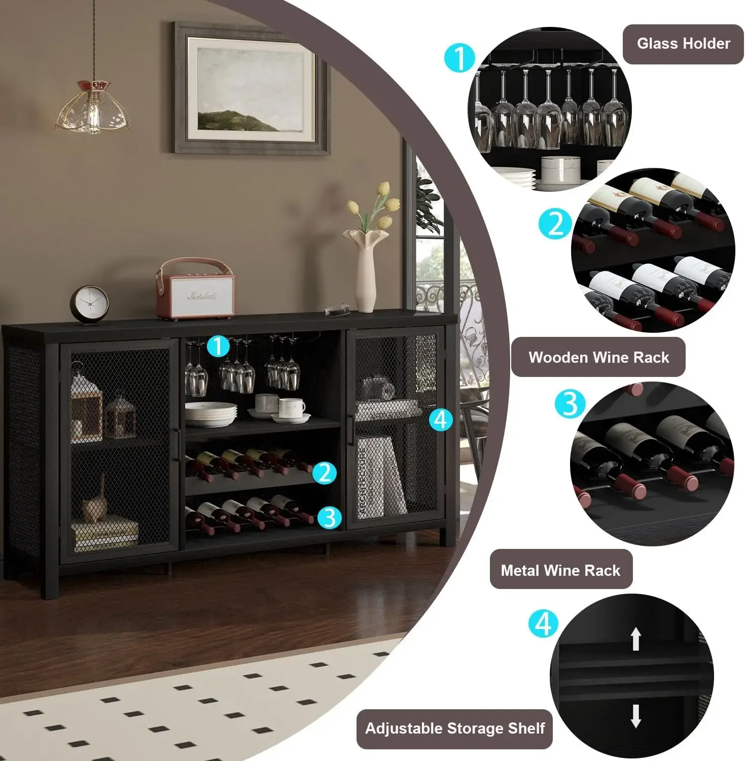 

Black Wine Bar Cabinet, Coffee Bar Cabinet with Storage, Farmhouse Kitchen Buffet Cabinets with Rack for Liquor Coffee