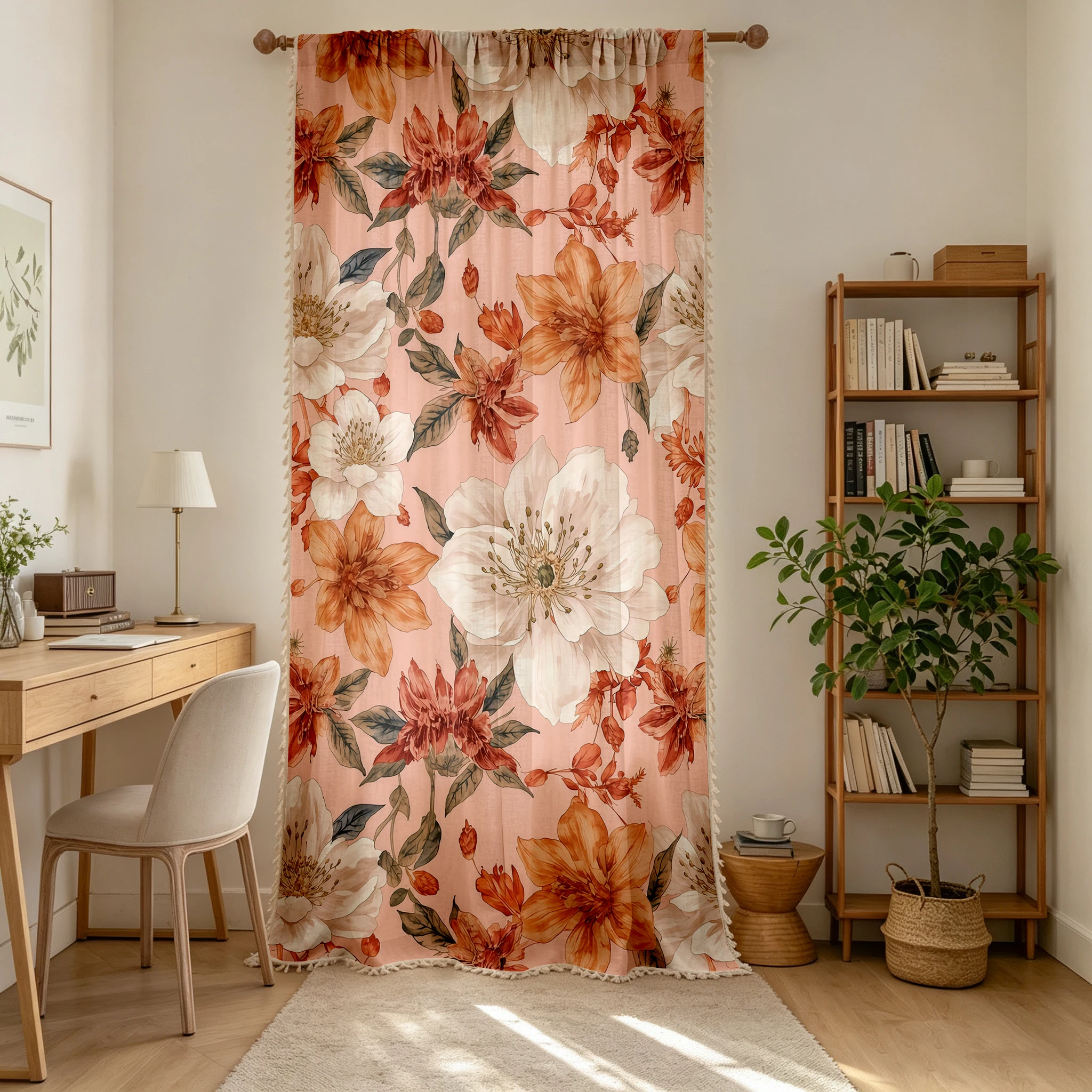 1PC Floral Tassel Sheer Curtains, Pink Orange Floral, Digital Print, Linen Polyester, Bedroom Living Room Kitchen, Home Decor