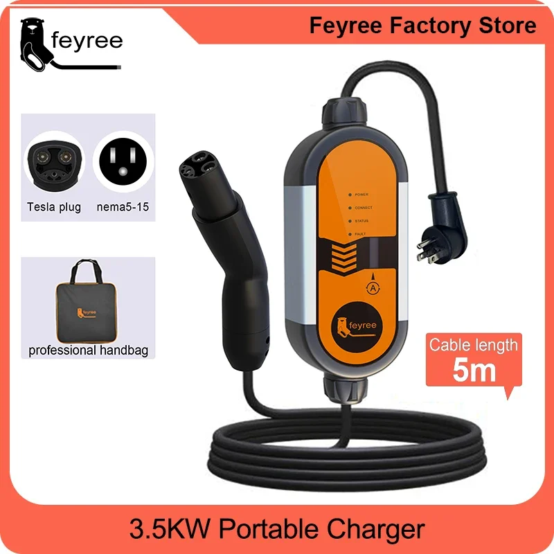 

feyree Portable EV Charger 3.5KW Charging Stations 16A Adjustable Current Fast Charging with NACS Plug Compatible for Tesla Cars