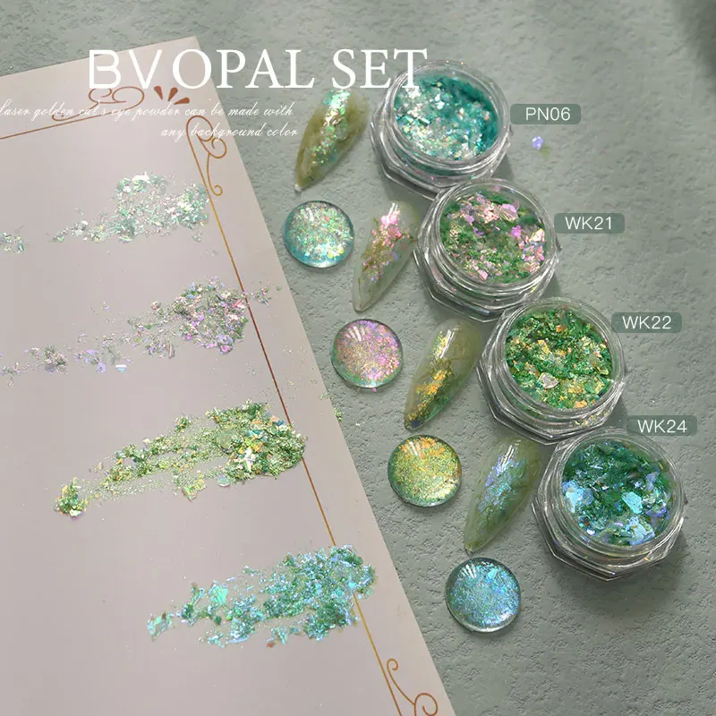 

HNDO New Green Color 4 Pcs Set Opal Powder Glitter Nail Art Decoration Flakes Iridescent Pigment Dust for Manicure Design 2022