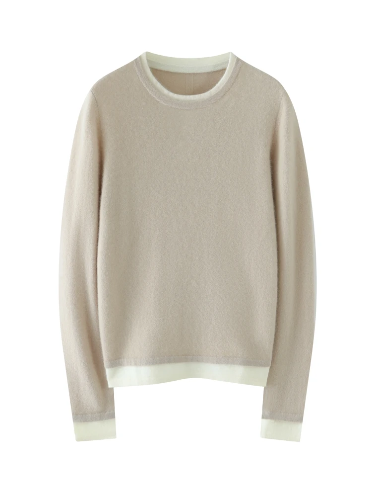 新しいファッション女性 100% カシミヤコントラストカラーセーター O ネックプルオーバー秋冬服ソフトカジュアルベーシックニットウェア