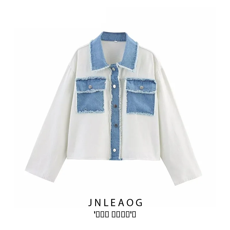 سترة JNLEAOG غير رسمية من قماش الدنيم المحبوك من قماش الدنيم سترة نسائية ربيعية جديدة فضفاضة تناسب طويلة وياقة Sve Jaet