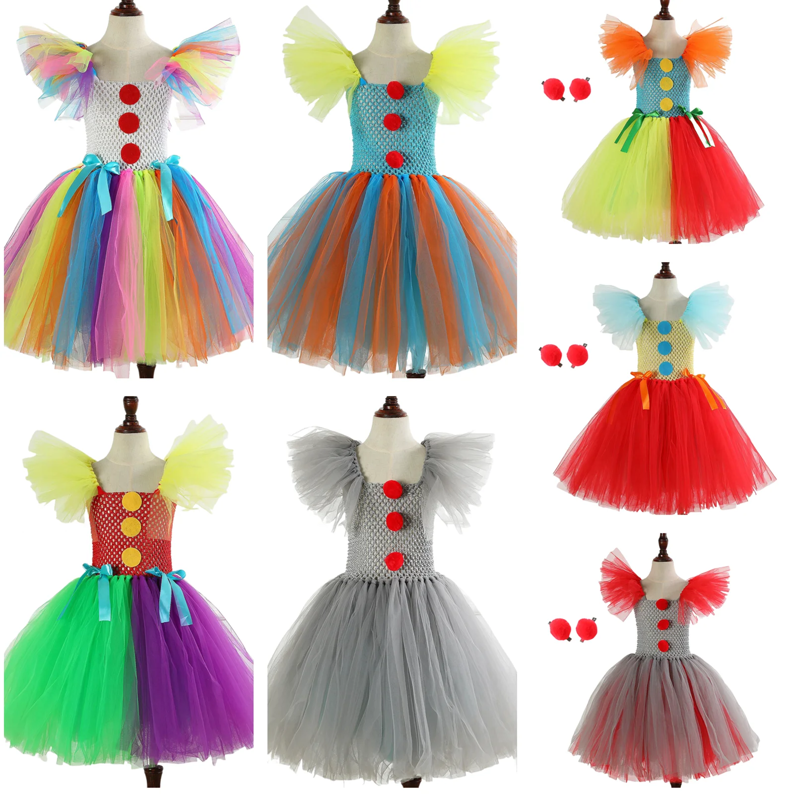 Toddler Baby Girl Colorful Clown Dress Kids Girls Clown Tulle Skirt Princess Sleeveless Birthday Tutu Party Dress for Party