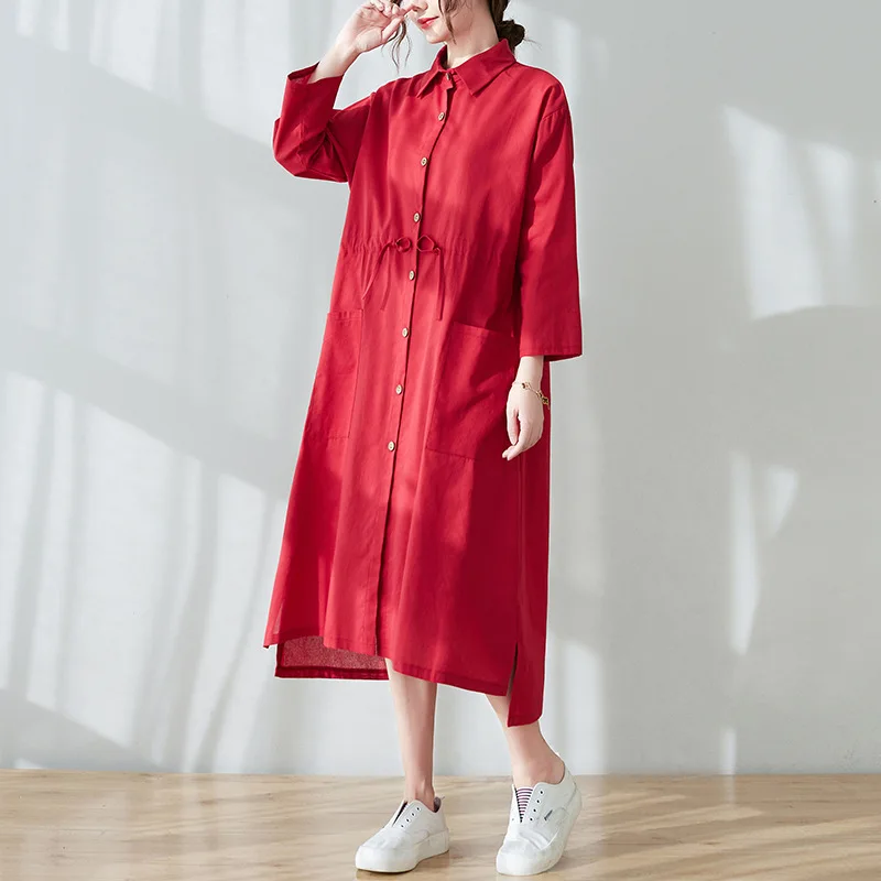 

Johnature 2024 Spring New Vintage Casual Women Dresses Turn-down Collar Full Sleeve Simple Tie Loose Irregular Dress