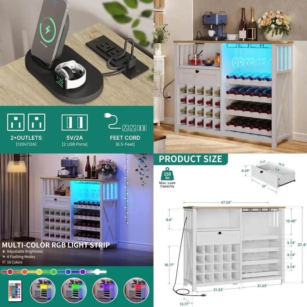 

Illuminated Wine Bar Cabinet with Outlet, Home Coffee and Wine Storage Cabinet, Kitchen Buffet with Shelves, White Dining Room L