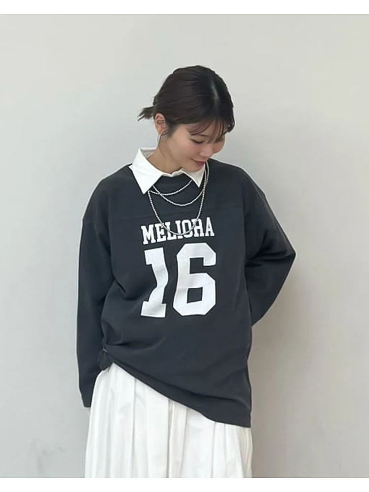 

Loose Fit Long Sve Digital 6 Print Sweatirt ey Casual Street Sle Women's T-irt Comfortable Cotton Crew Ne