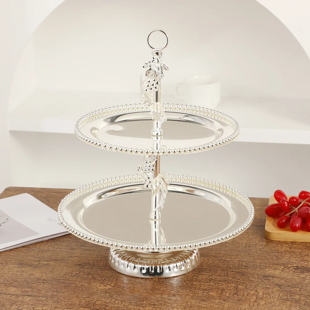 European creative double-layer light luxury fruit plate silver retro elegant metal snack plate afternoon tea snack cake rack