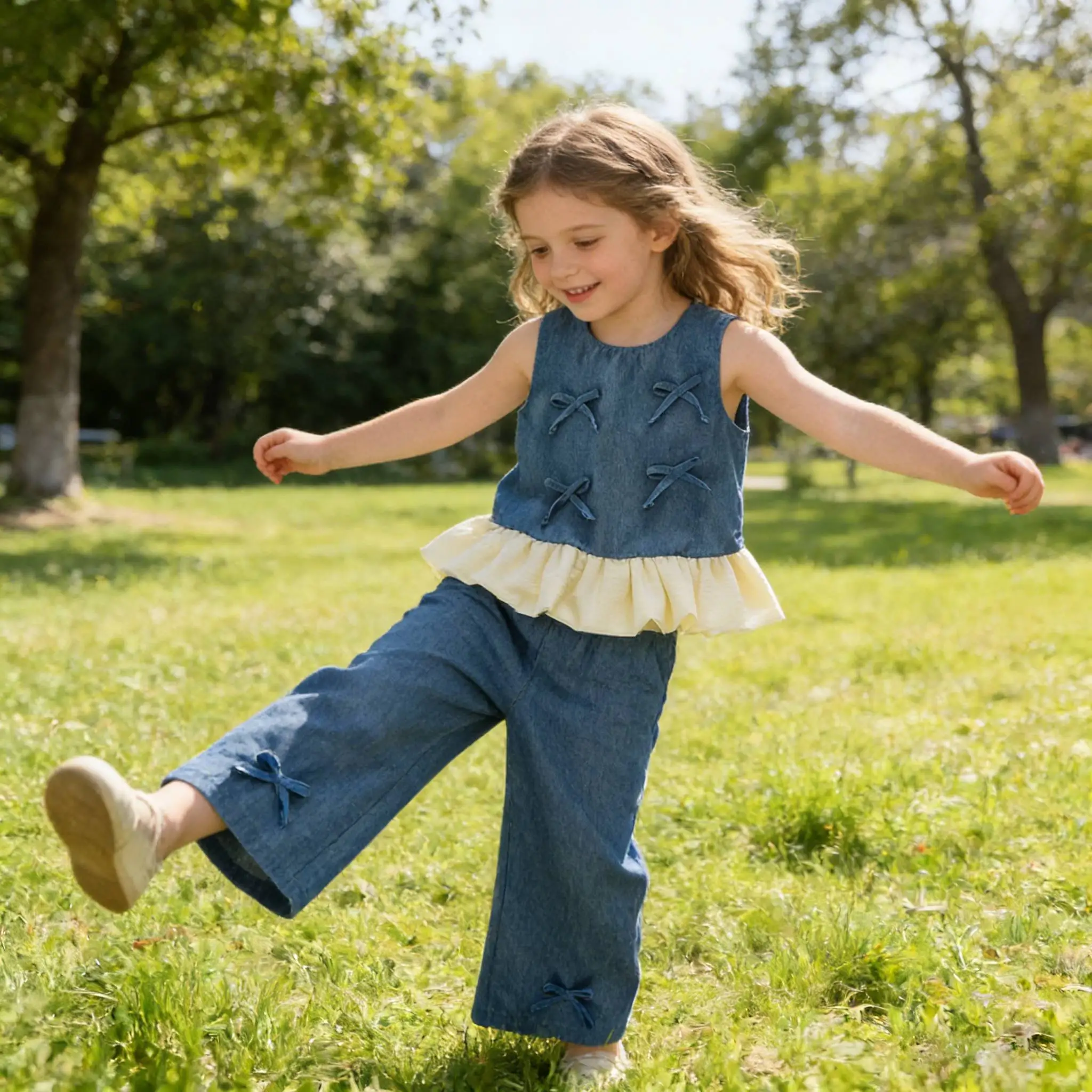 

Summer Spring Kids Clothes Toddler Girls Blue Imitation bow Denim Suit Summer New Sleeveless Top+Wide Leg Pants Two-piece Set
