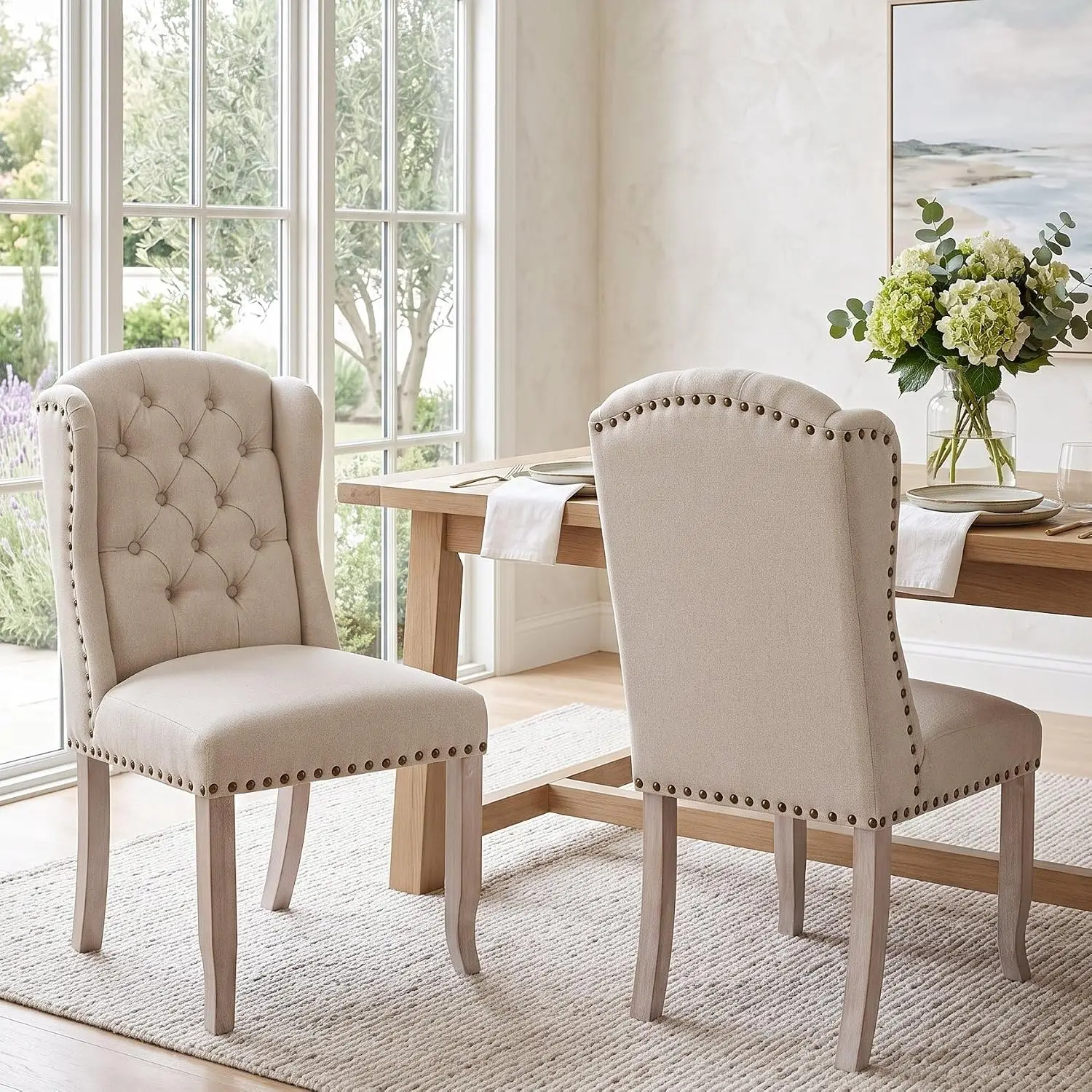 Modern Tufted Dining Chairs Set of 2, Linen Upholstered Dining Room Chairs Armless Guest Side Chair for Kitchen Dining Room, Win