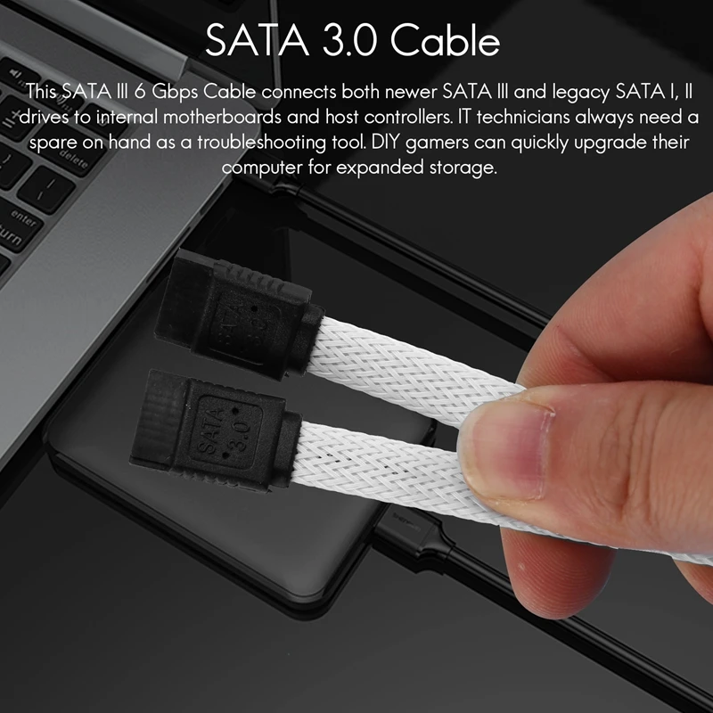 SATA 3.0 III SATA3 7 핀 데이터 케이블, SSD 케이블, HDD 하드 디스크 데이터 코드, 나일론 슬리브 프리미엄 버전, 흰색, 50cm, 6 Gb/s