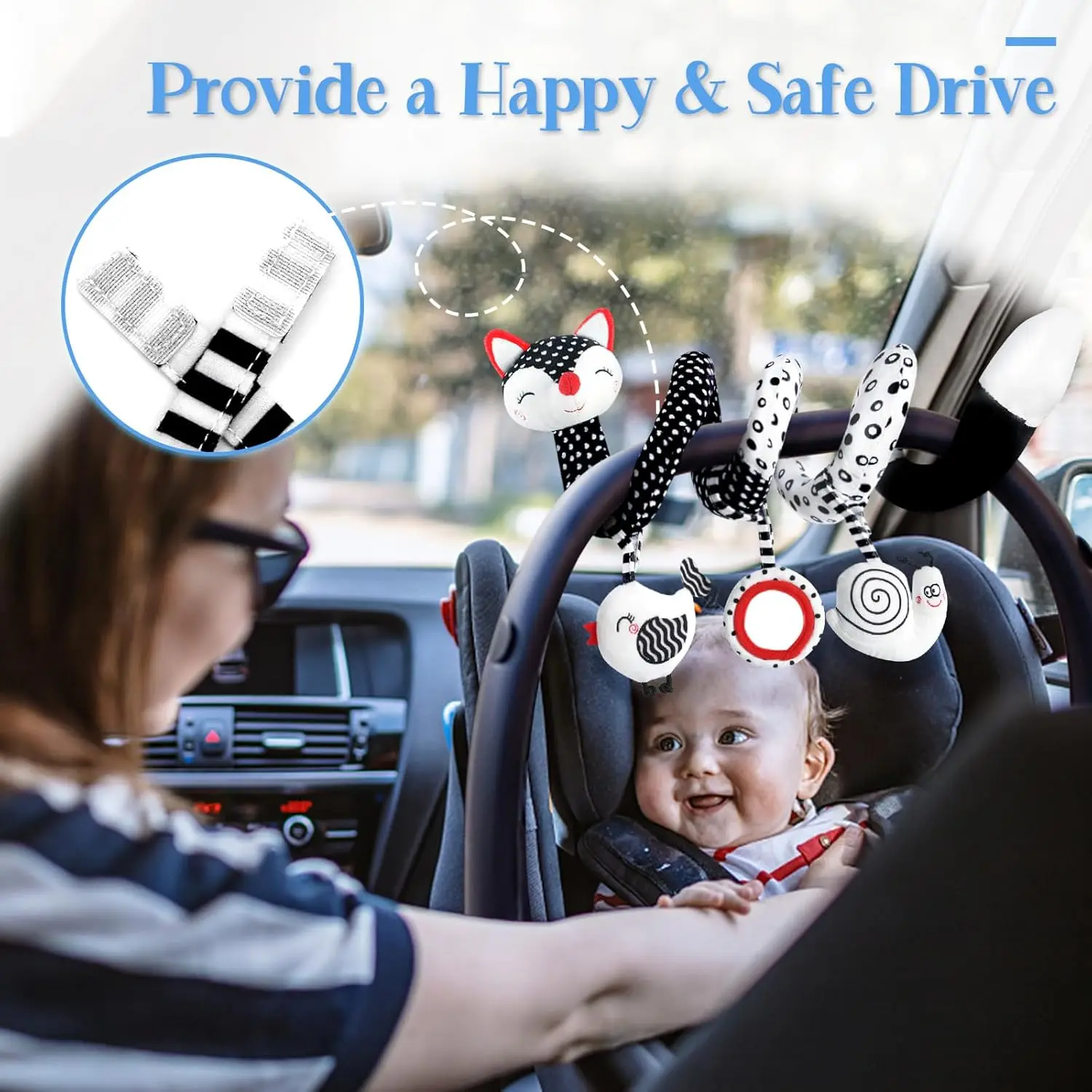 ベビーシート用おもちゃ 0-3ヶ月 乳児用おもちゃ スパイラルベビーカー用おもちゃ、新生児用おもちゃ 白黒ベビーおもちゃ、ベビーベッド用モバイルおもちゃ ﻿