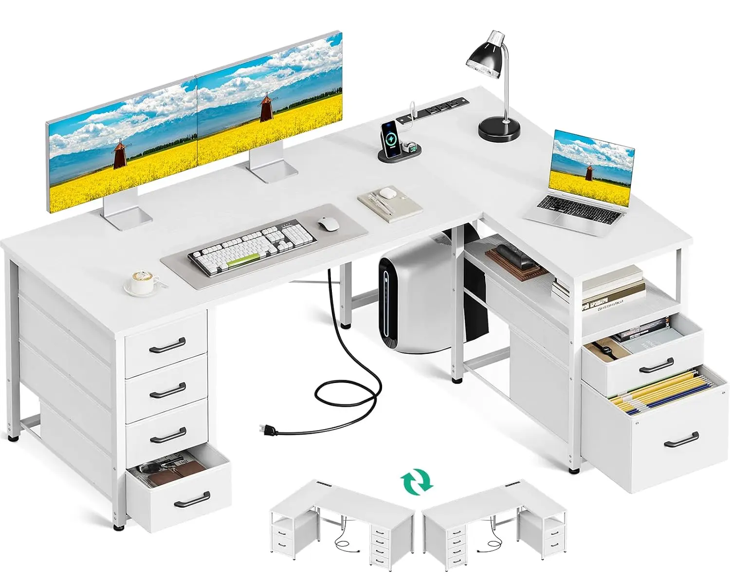 L Shaped Office Desk with 6 Drawers & Power Outlet, 55 Inch, White, Customized