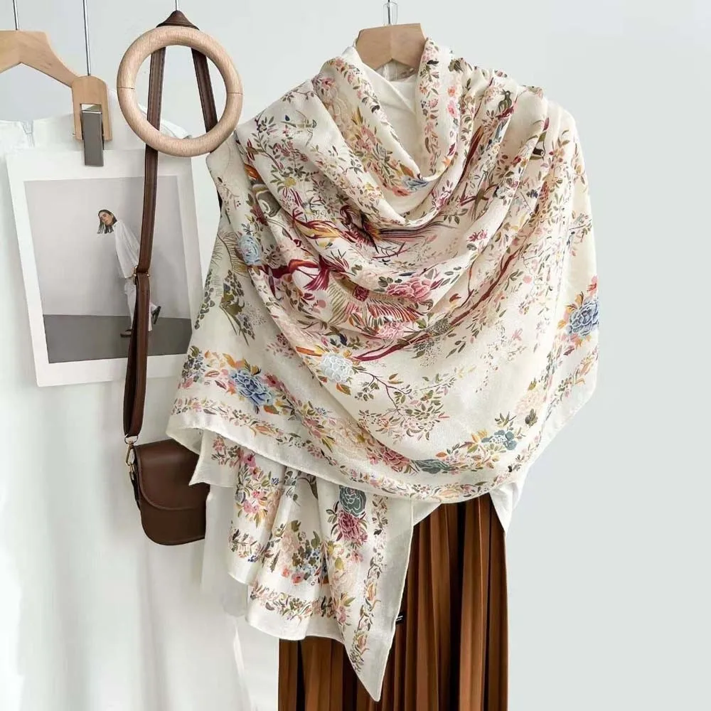 

Fashion Breathable Women Floral Scarf Bird Patterned Long Thin Large Shawl Sweat-absorption Lightweight Sunscreen Headscarf Gift