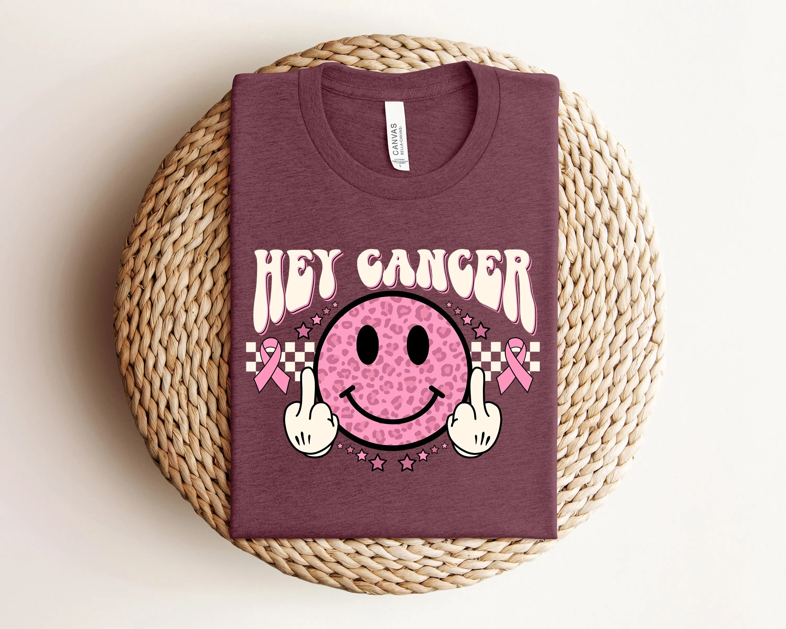 Hey Cancer T Shirt Awareness Happy Face Middle Finger Pink Ribbon Fighter Day SweaT