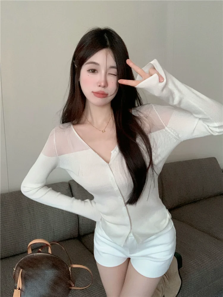 Korobov Y2k Clothes White V-neck Long Sleeve Knitting Top Female Autumn Splicing Perspective Slim Sexy Fashion Sueters De Mujer