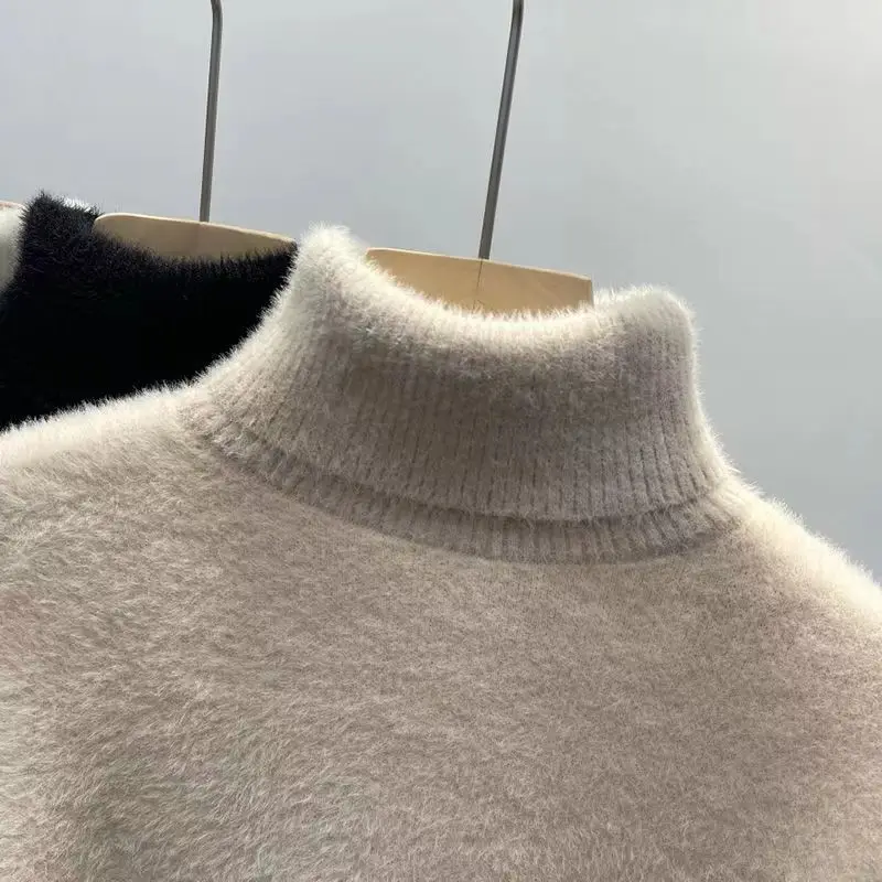 Suéter de cuello alto para mujer, Top de visón sintético para mujer, camisas de fondo cálidas y gruesas de felpa sólida, prendas de punto básicas, jerséis térmicos