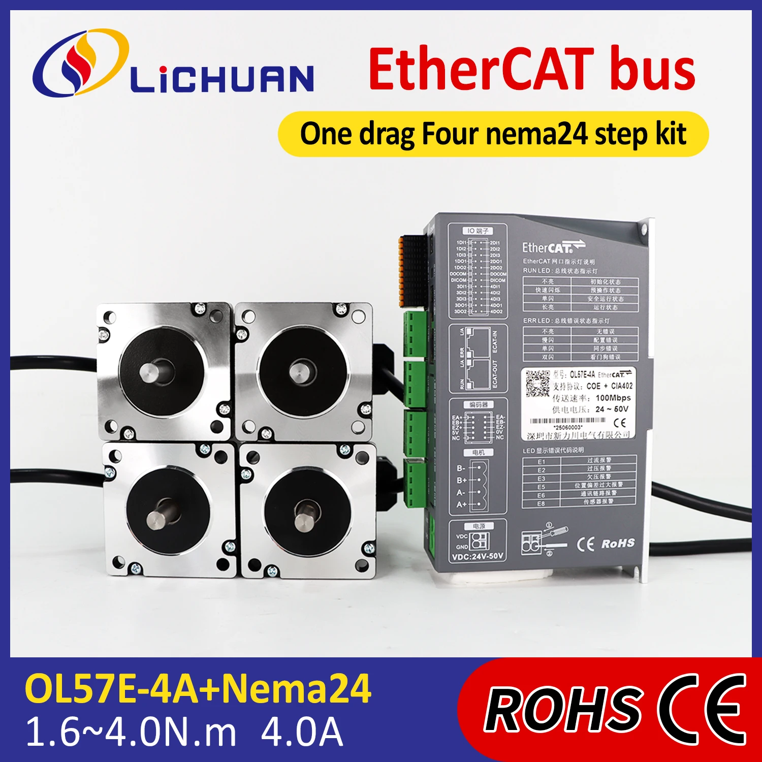 Lichuan DC24～50V 4A EtherCAT 2-Phasen Nema24 Schrittmotor-Controller 1.6/2.1/2.5/3/3.5/4N.m DC Open-Loop Schrittmotor-Treiber-Kit