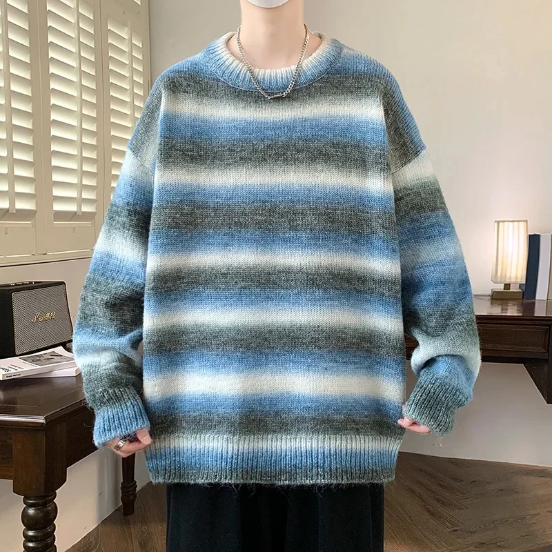 

American Style Trendy Knitted Top Men's Round Neck Sweater Autumn/Winter Gradient Tie-Dye Color Blocking Rainbow Stripe