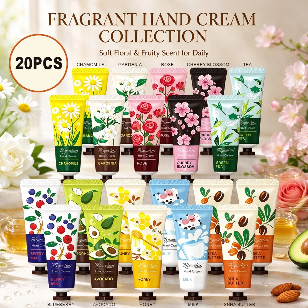 20PCS Moisturizing Hand Cream, with different extracts such as chamomile extract, cherry blossom, rose, honey, milk, gardenia fl