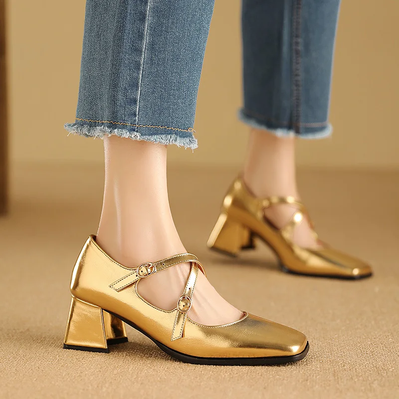 Spring Square Toe Mary Jane Shoes Fashion Women Block High Heels Casaul Silver Gold Cross Buckle Shallow Wedding Pumps Shoes 47