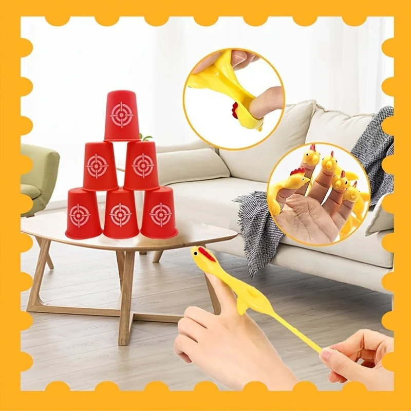 Funny Yellow Rubber Chickens with Slingshots&12 Target Cups - Interactive Prank Toys, Birthday Celebrations, Party Essentials