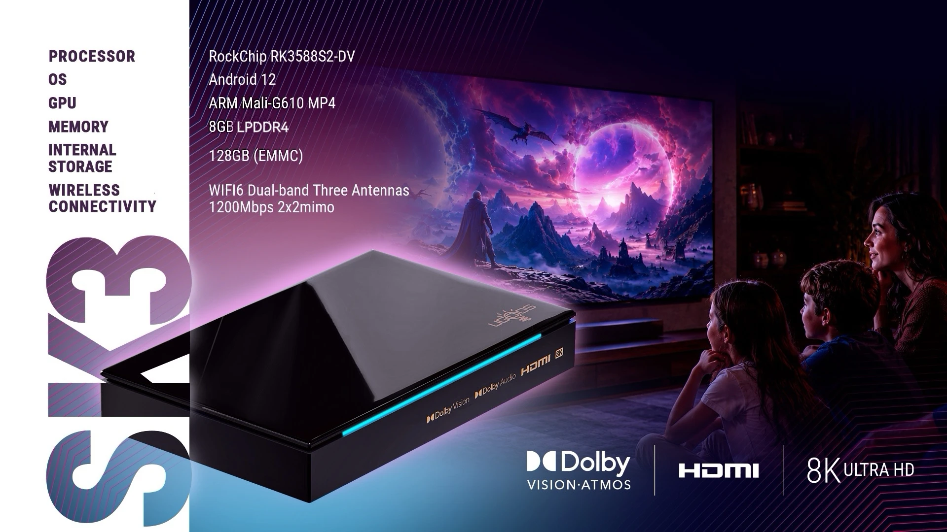 UGOOS SK3 TV Box RK3588S2-DV Android12 8GB+128GB 8K AV1 WiFi6 Dolby Vision Atmos