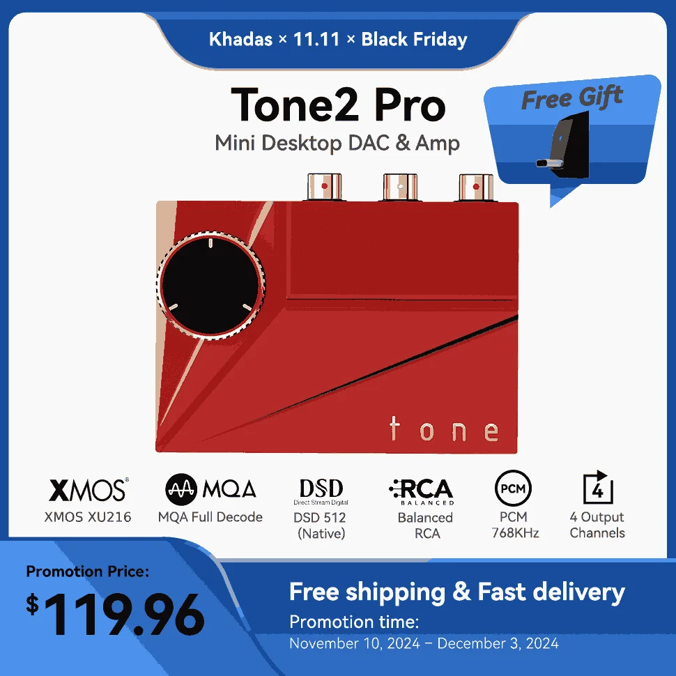 Khadas Tone2 Pro Desktop DAC&Headphone Amplifier Mini Audio Converter Adapter 768K/32Bit Native DSD512 for Home Audio/4.4/3.5mm