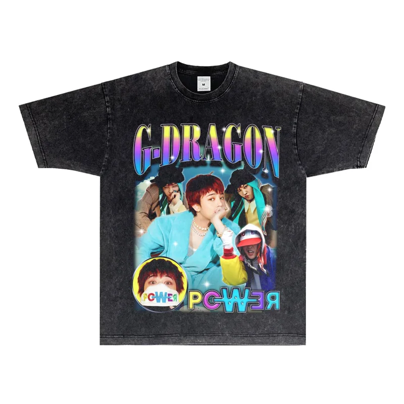 2025 New G-DRAGON Quanzhilong Portrait Print Short Sleeve Heavy Small Neckline Vintage Pure Cotton Breathable T-shirt
