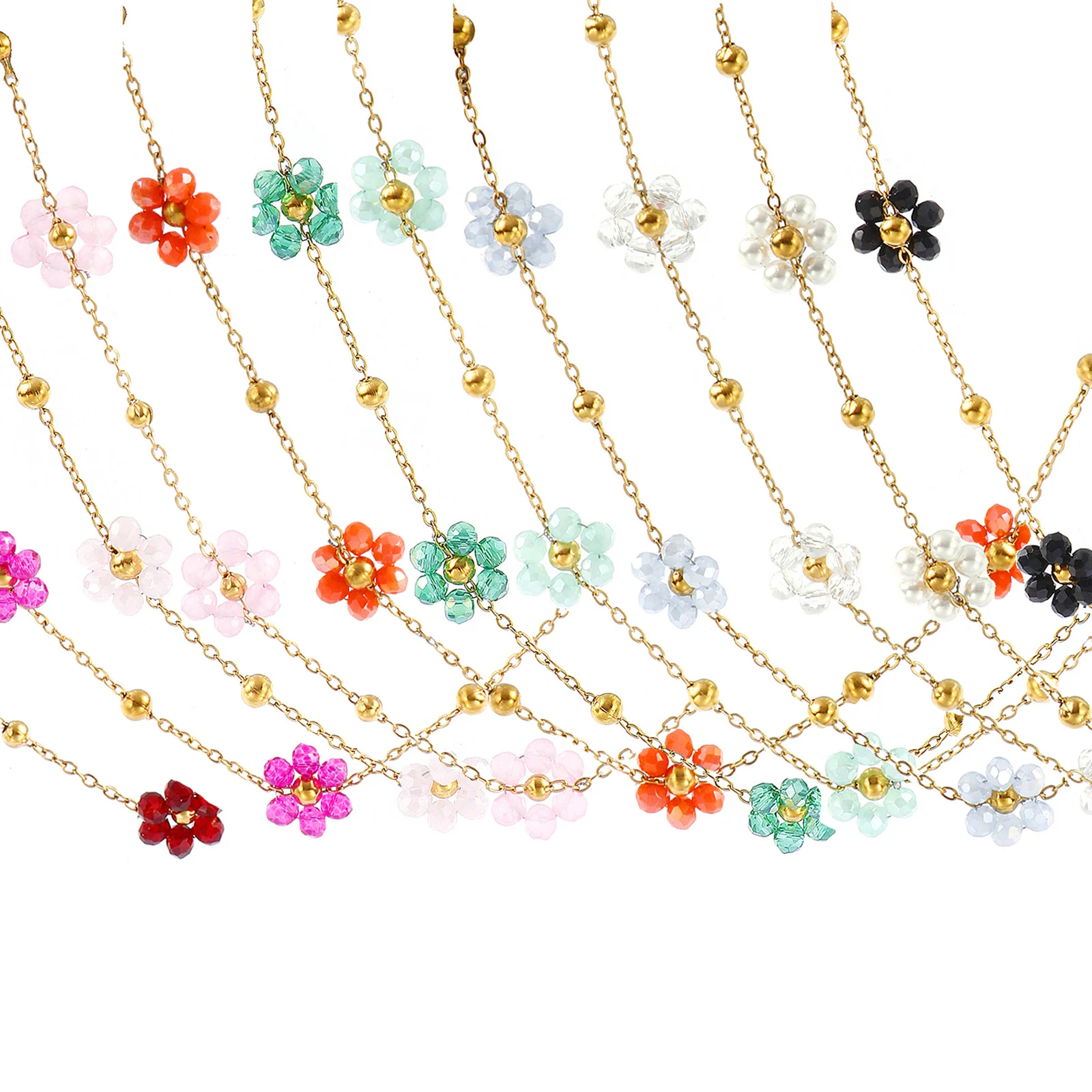 1 Stück 18K Vergoldete Gliederkette Blumen-Perlen-Halskette 304 Edelstahl & Glas 40cm(15,7") + 5cm(2"") Für Frauen Geschenk"