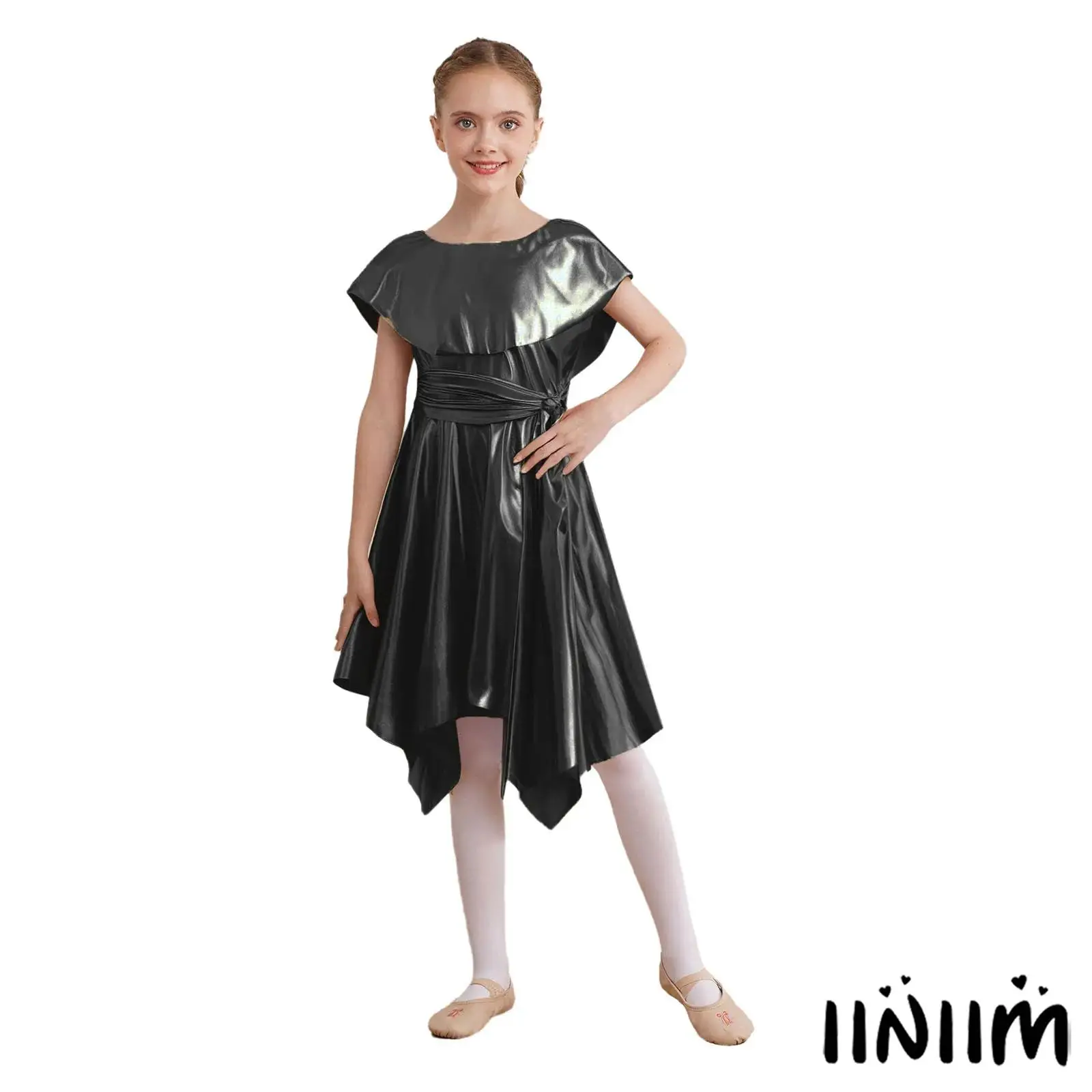 

Kids Girls Glimmering Choir Costume Adjustable Belted Design Dress with Metallic Fabric for Halloween Easter and Theme Parties