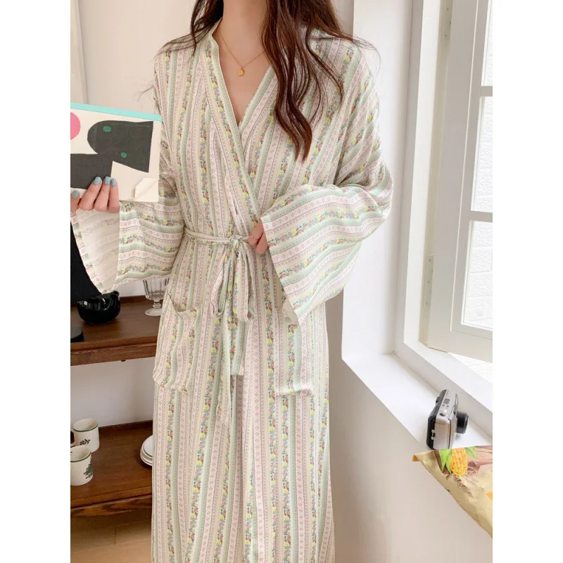 Korean Ins Kimono Robe Pajamas Female Spring Summer New Cotton Nightgown Ladies Spa Yukata Homewear Long Bathrobe Women