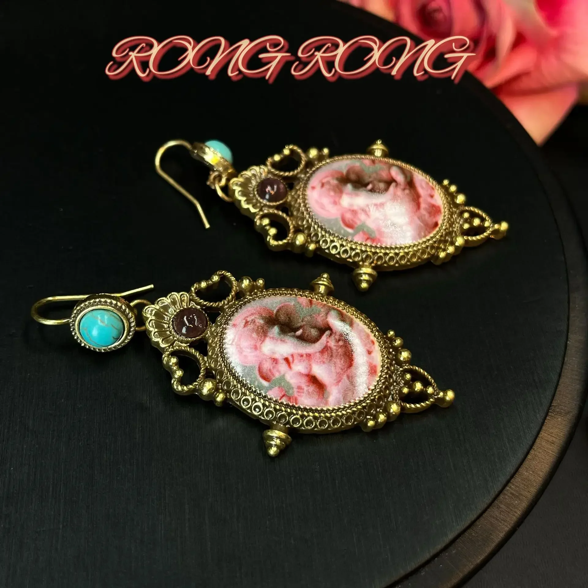 Retro Palace Style Heavy Pink Elephant Print Earrings High Quality Western Antique Earrings Vintage Earrings