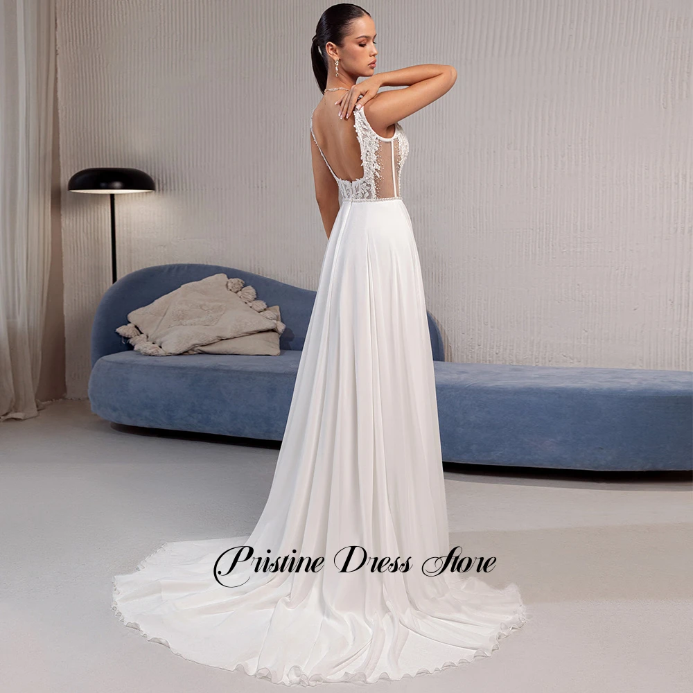 Modern Side Slit Square Collar Wedding Dress with Corset Customized Chiffon Appliques Sequined Sweep Train Backless Bridal Gowns