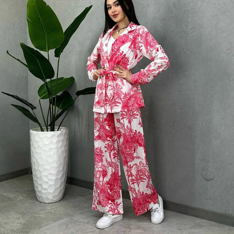 

Spring New Commuter Two Piece Set Fashion Lapel Long Sleeve Lace Up Top Straight Trousers Set Elegant Office Women's Clothing